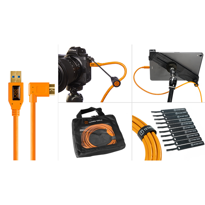 Tether Tools Starter Tethering Kit - TetherPro USB 3.0 to Micro-B Right Angle, 15' (4.6m), High-Visibility Orange