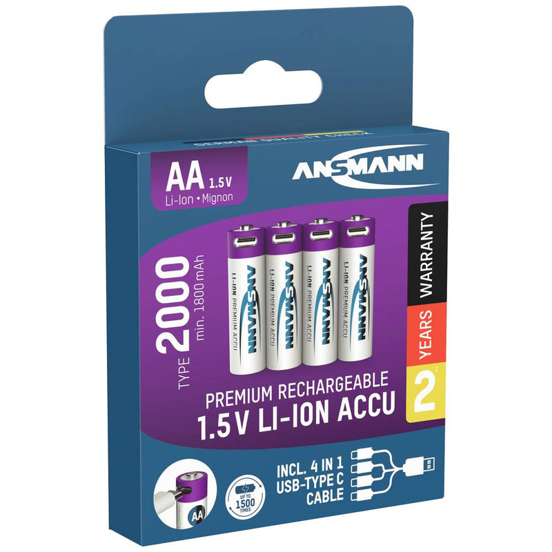 Ansmann AA Li-Ion Rechargeable Battery with USB-C Port, Pack of 4