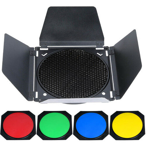Godox BD-04 Barndoors with Colour Filters & Honey Comb Grid