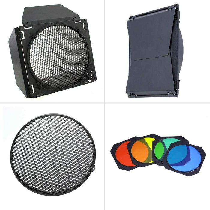Godox BD-04 Barndoors with Colour Filters & Honey Comb Grid