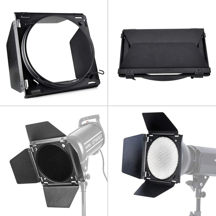 Godox BD-04 Barndoors with Colour Filters & Honey Comb Grid