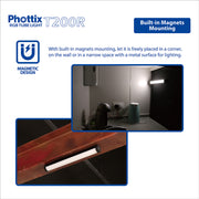An image showing key features for the Phottix T200R RGB LED Tube Light with images showing the light mounted to various surfaces, which reads "Built in Magnets Mounting - With built-in magnets mounting, let it is freely placed in a corner, on the wall or in a narrow spaces with a metal surface for lighting".
