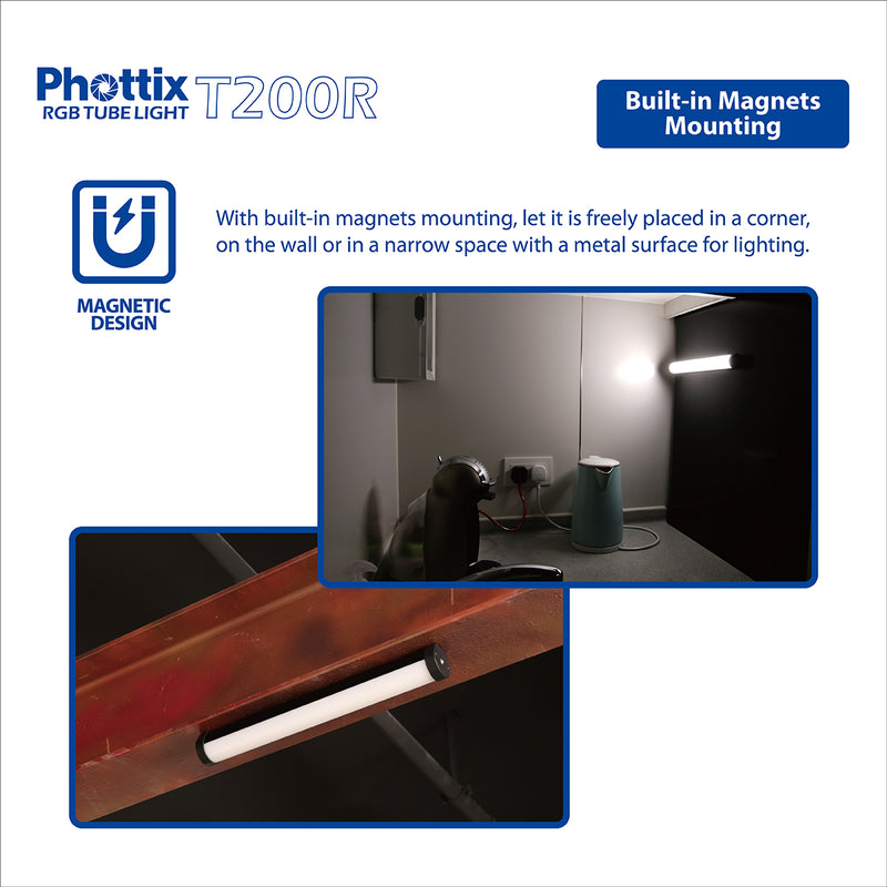 An image showing key features for the Phottix T200R RGB LED Tube Light with images showing the light mounted to various surfaces, which reads "Built in Magnets Mounting - With built-in magnets mounting, let it is freely placed in a corner, on the wall or in a narrow spaces with a metal surface for lighting".