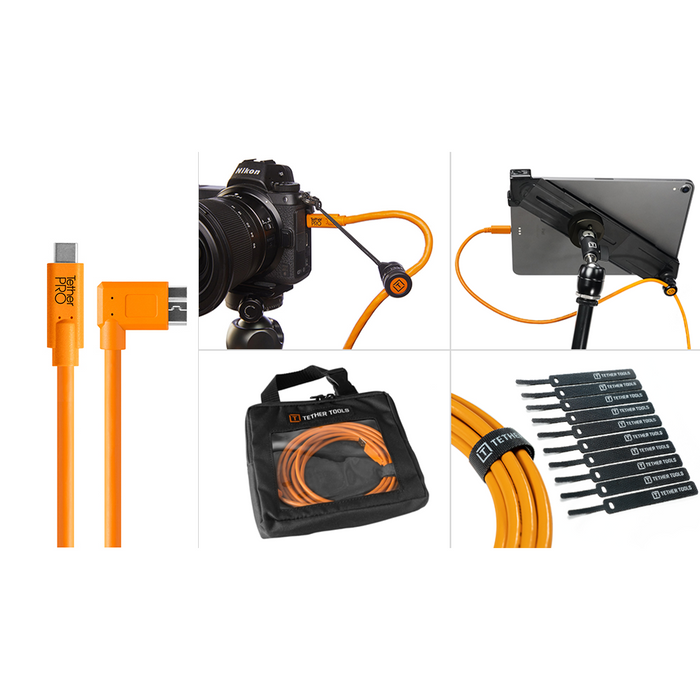 Tether Tools Starter Tethering Kit - TetherPro USB-C to 3.0 Micro-B Right Angle, 15' (4.6m), High-Visibility Orange (Incl. USB Flat Mount Computer Support)