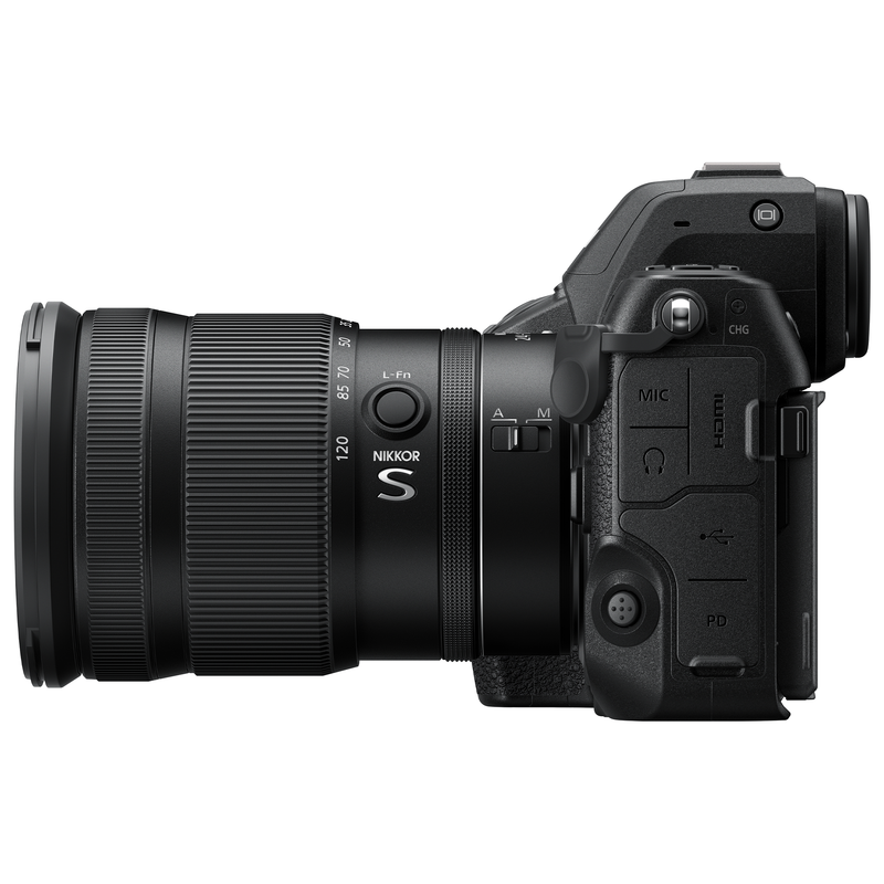 Image showng the Nikon Z8 Camera Body from the side with NIKKOR Z 24-120mm Lens for photography and video.