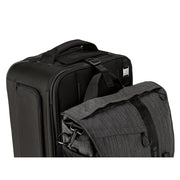 An image of the Tenba Roadie Roller 24 Black roll along case for storing cameras and photographic equipment. A strap is used to attach a shoulder bag so that the case can be rolled along with the bag attached.