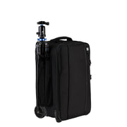 An image of the Tenba Roadie Roller 24 Black roll along case for storing cameras and photographic equipment. A side compartment is used to store a Benro tripod.