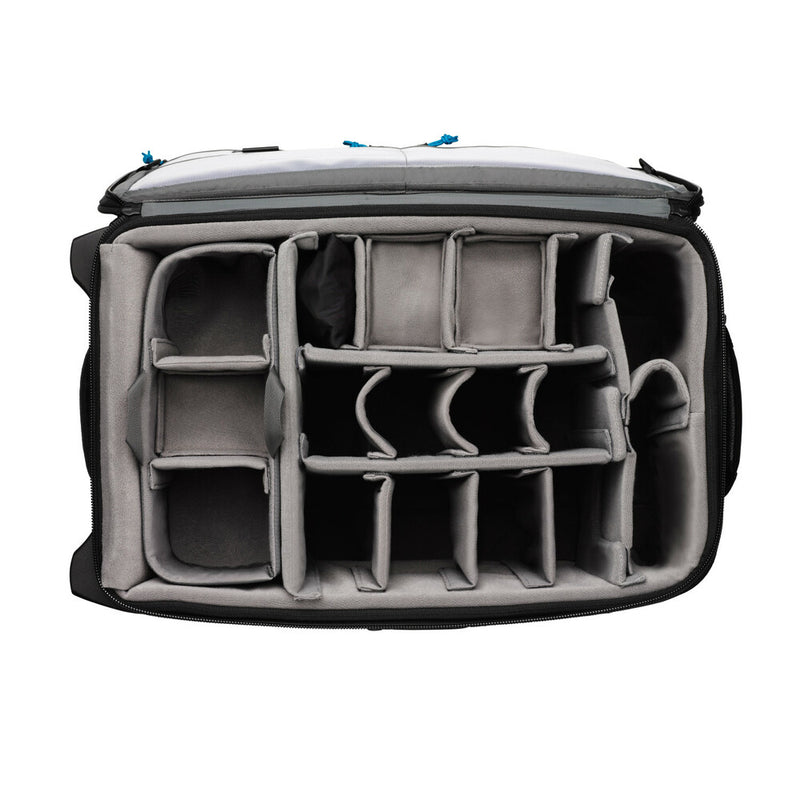 An image of the Tenba Roadie Roller 24 Black roll along case for storing cameras and photographic equipment. It is open showing a padded inset wih sections for holding cameras, lenses and other accessories.