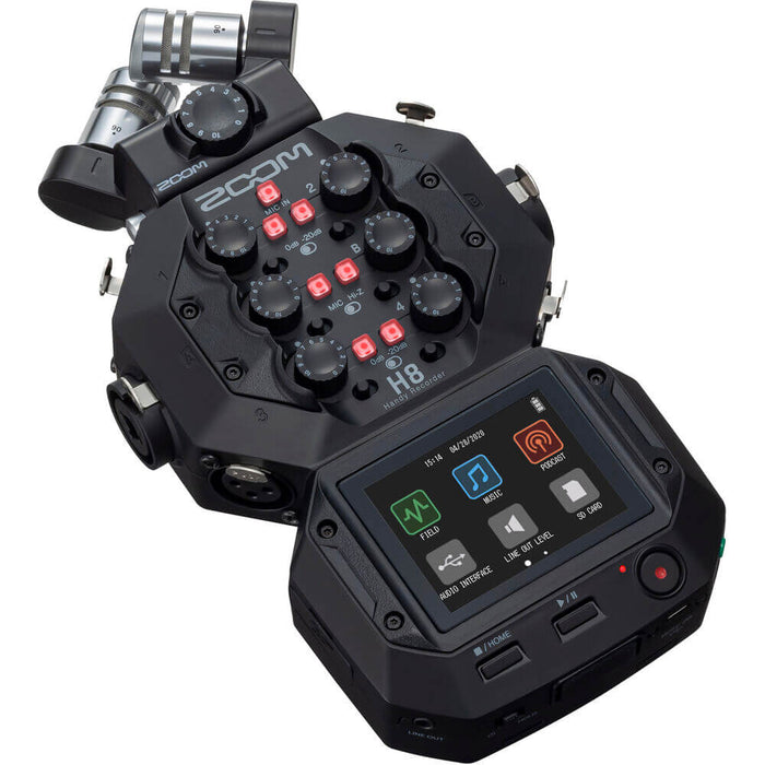 An image showing the Zoom H8 Handy Recorder which has 8 channels, a touchscreen and the XYH-6 microphone, containing two matched high quality undirectional microphones.