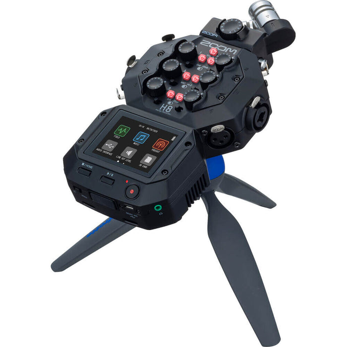 An image showing the Zoom H8 Handy Recorder which has 8 channels, a touchscreen and the XYH-6 microphone, containing two matched high quality undirectional microphones. The recorder is mounted to a mini tripod.