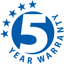 A logo reading "5 Year Warranty". The Benro Mach3 TMA47AL Aluminium Tripod comes with a 5 year warranty once purchase is registered at benroeu.com.