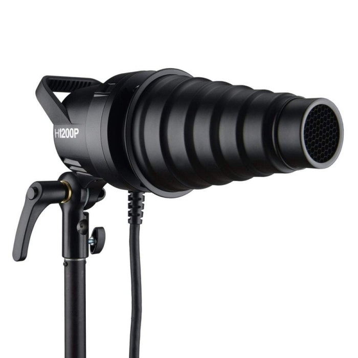 An image of the Godox AD1200Pro TTL Battery Studio Flash Light from the back. The light features a handle on the back for portability and is pictured mounted on a light stand with a snoot attached for directing the light.