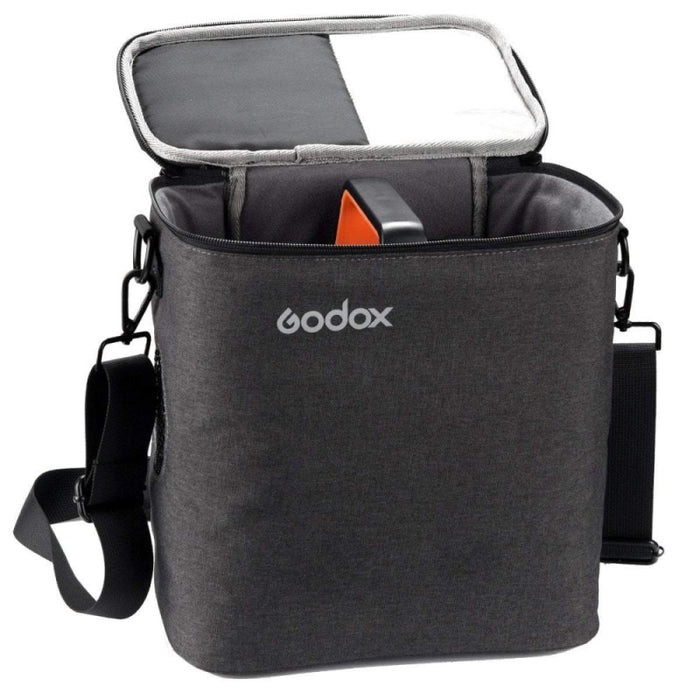 An image of the Godox AD1200Pro TTL Battery Flash carry case. It has a strap for carrying and a zipped lid.