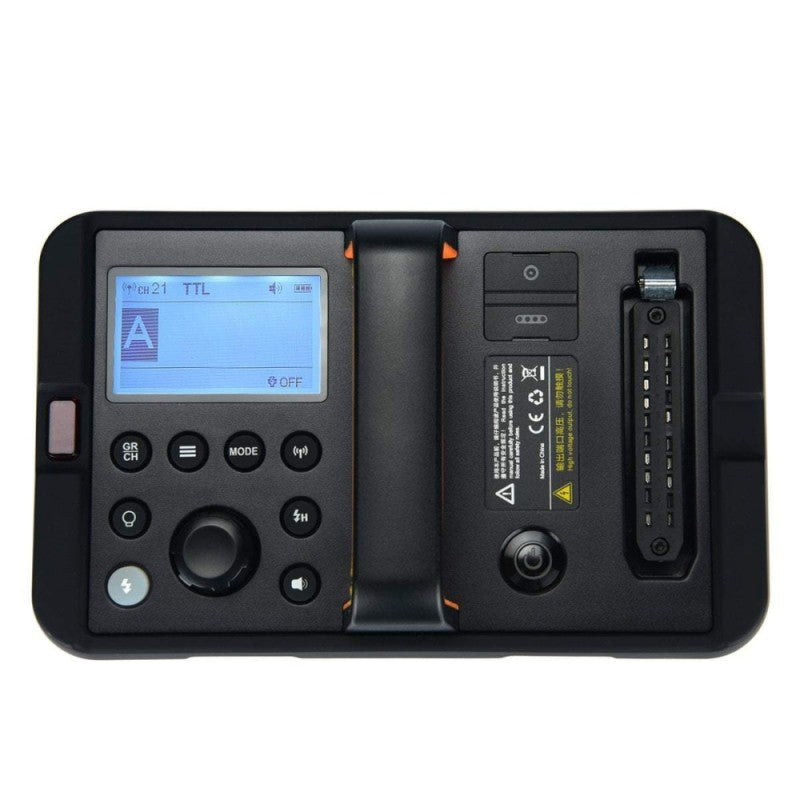An image of the top of the power pack from the Godox AD1200Pro TTL Battery Flash Power Pack Kit. There is a screen, some buttons and a carry handle.