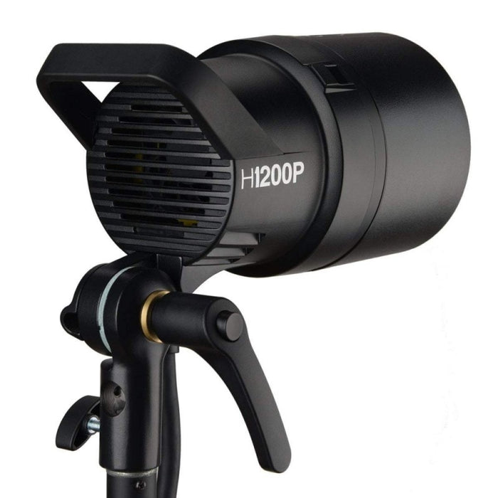 An image of the Godox AD1200Pro TTL Battery Studio Flash Light from the back. The light features a handle on the back for portability and is pictured mounted on a light stand.