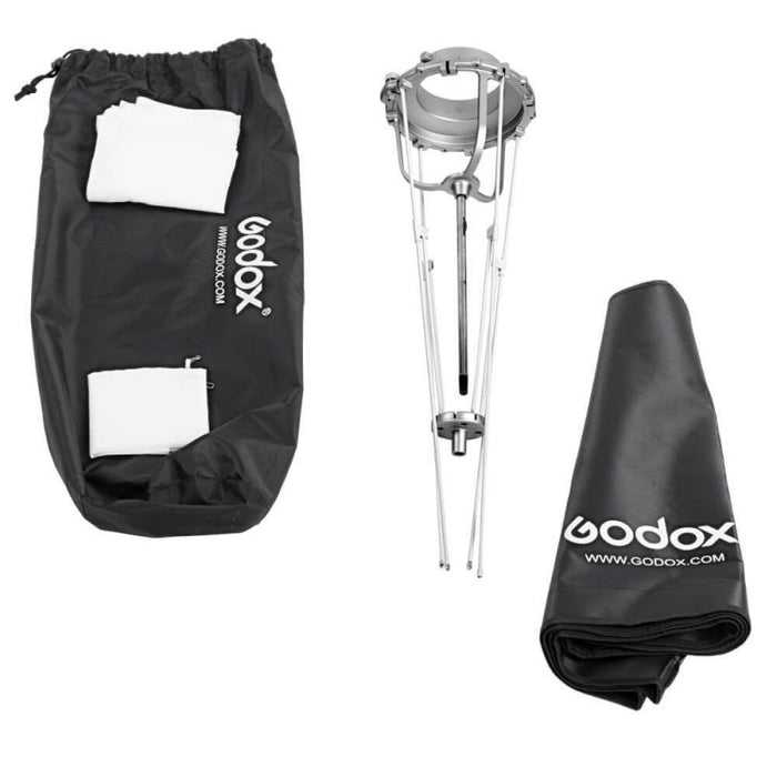 An image showing the Godox 95cm Foldable Octagonal Softbox frame folded down with the softbox fabric and a soft case.